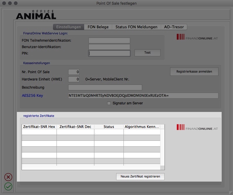 Registrierkasse Settings Signaturerstellungseinheit