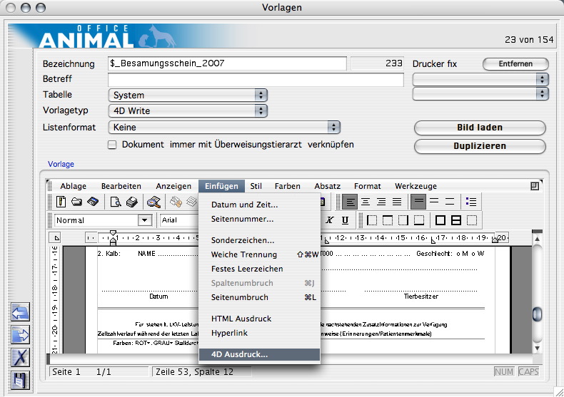 4DWR Funktion 01 ANIMALoffice Screenshot: 4DWR Funktion 01 (4DWRITE Funktion)