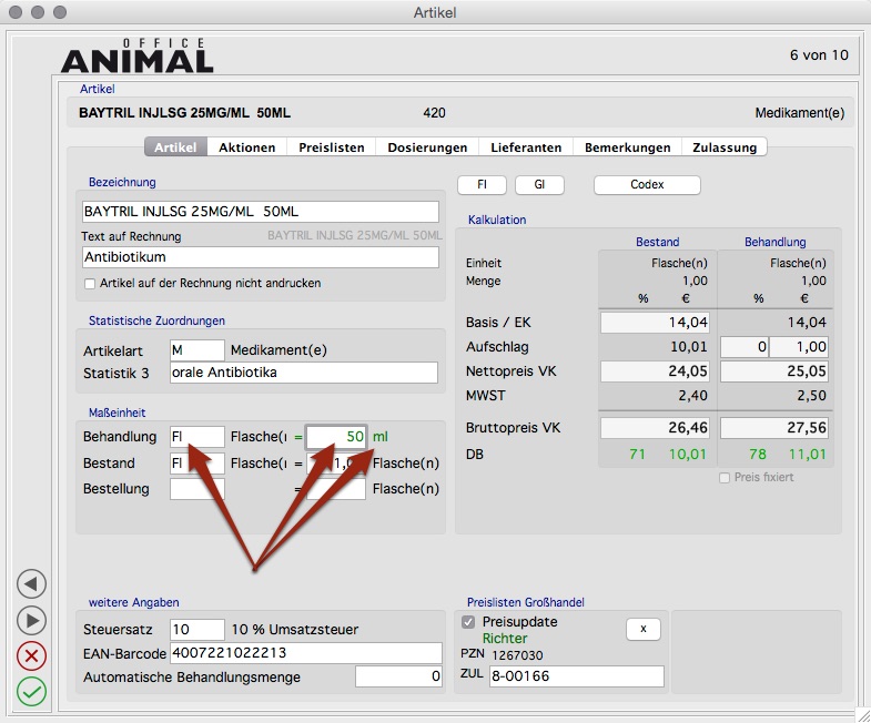 ANIMALoffice Screenshot: ABM Artikel Umrechnung (Antibiotika Mengenstrom)