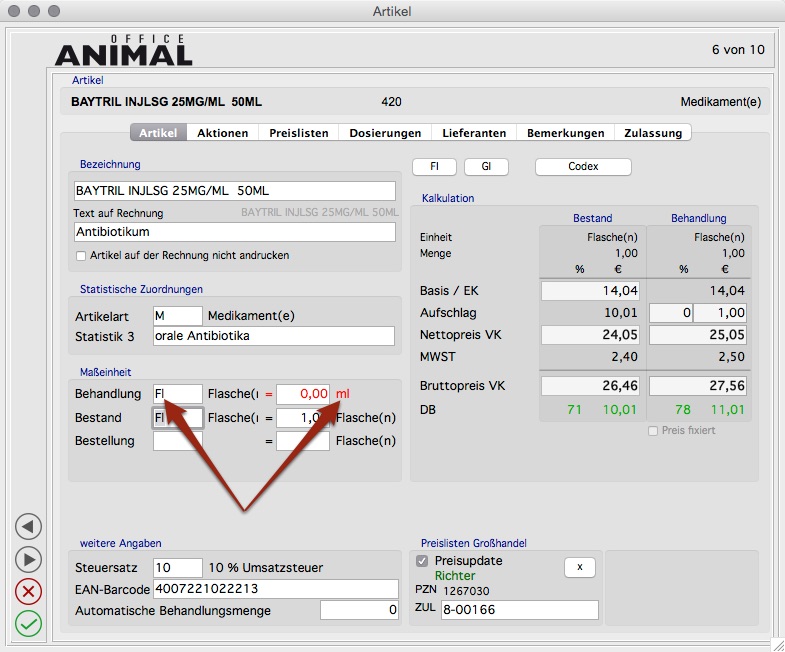 ANIMALoffice Screenshot: ABM Artikel falsch (Antibiotika Mengenstrom)