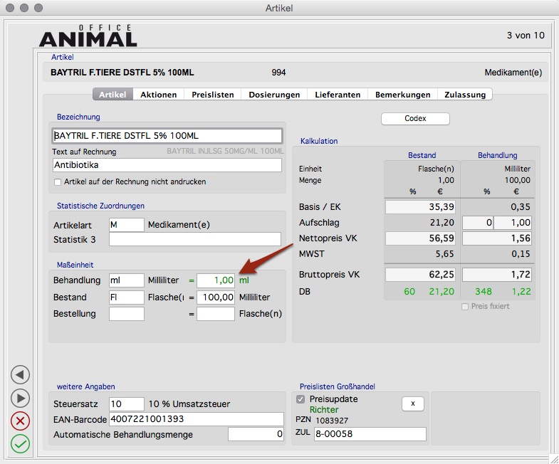 ANIMALoffice Screenshot: ABM Artikel korr (Antibiotika Mengenstrom)