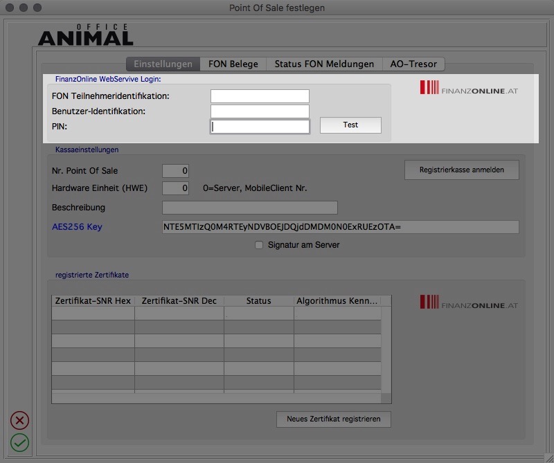 Registrierkasse Settings FON Registrierkasse Settings FON