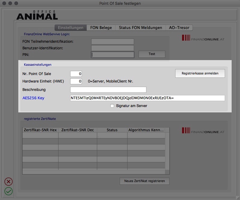 Registrierkasse Settings FON